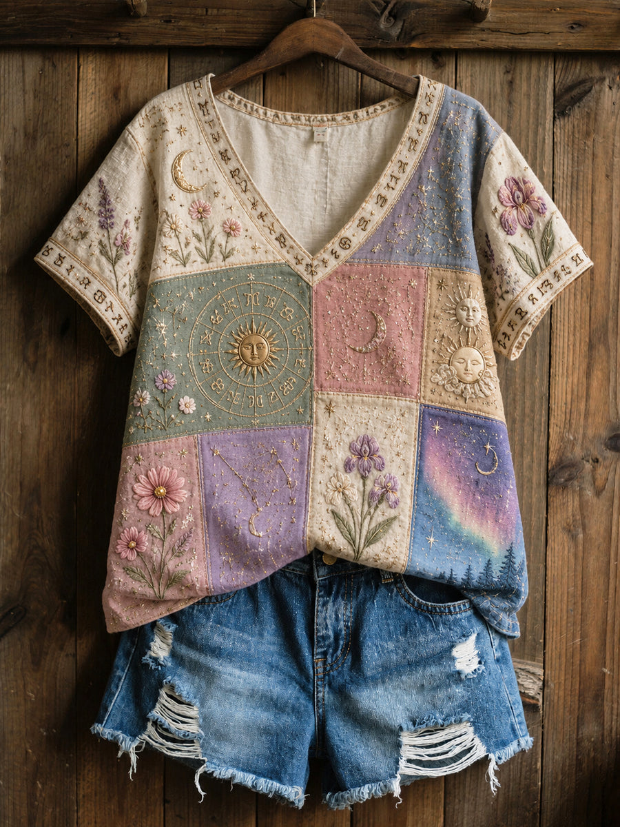 Camiseta Retro De Algodão-Linho Casual Confortável Floral Zodiac