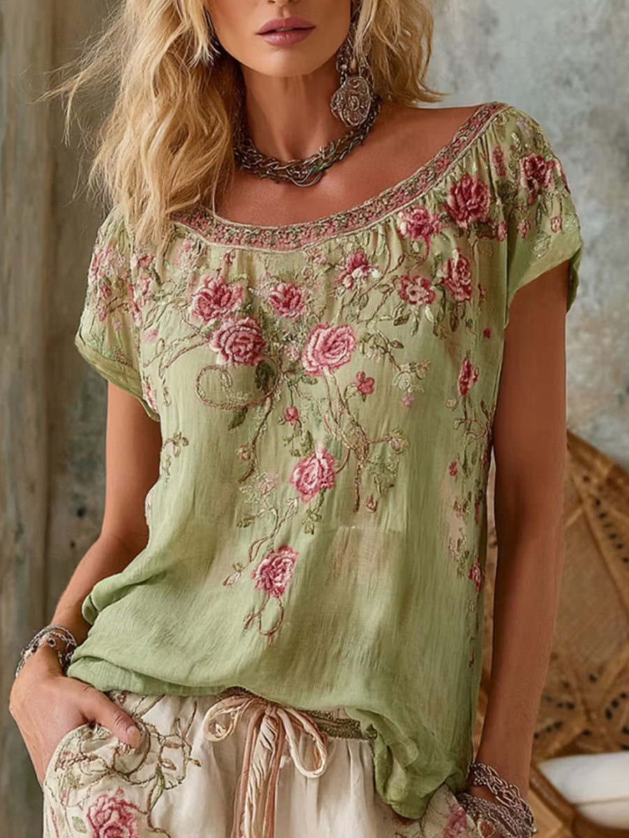 Blusa feminina casual de algodão e linho com estampa floral retrô