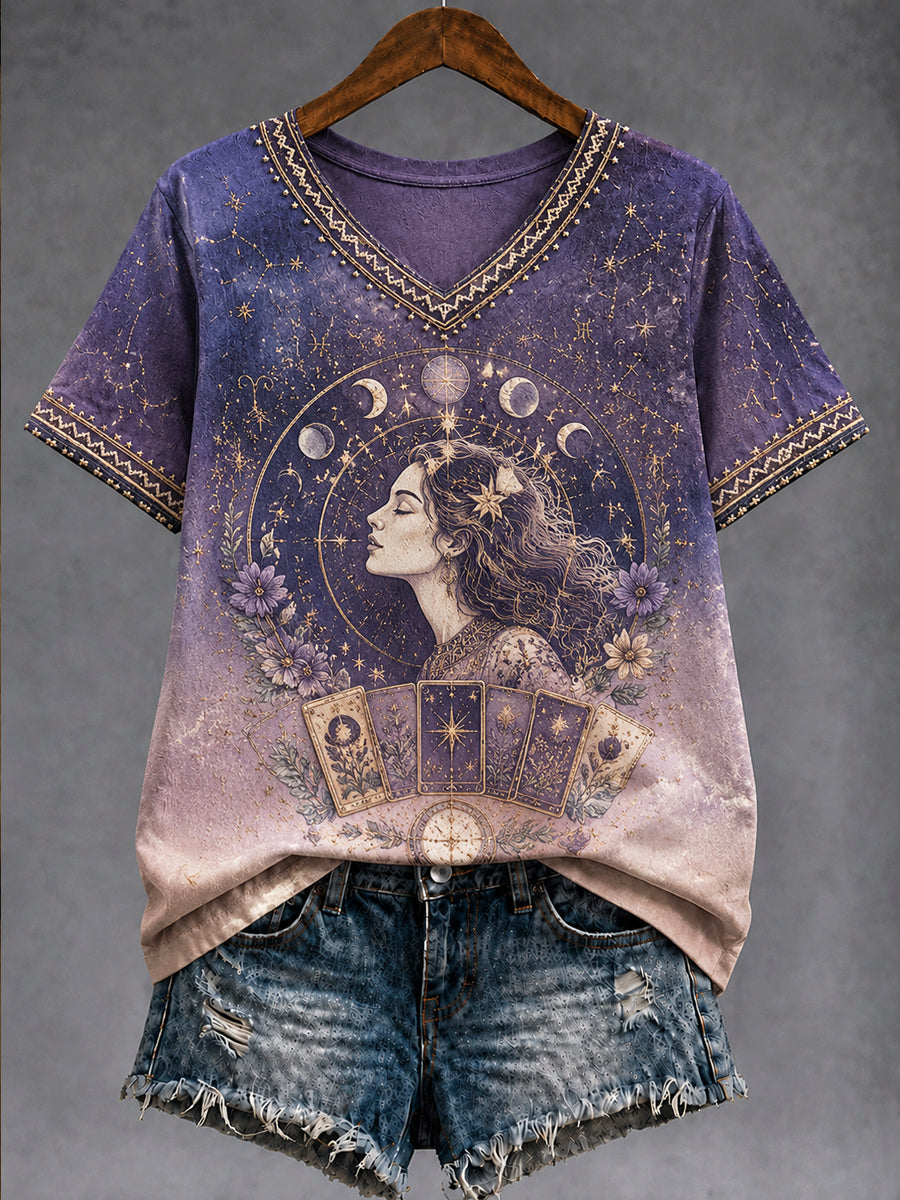 Retro Astrologia Zodíaco Arte Gradiente Casual V-Neck T-shirt