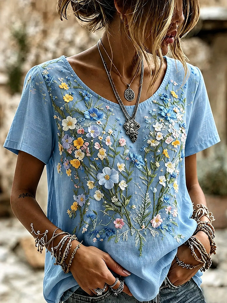 Blusa feminina casual de algodão e linho com estampa floral retrô