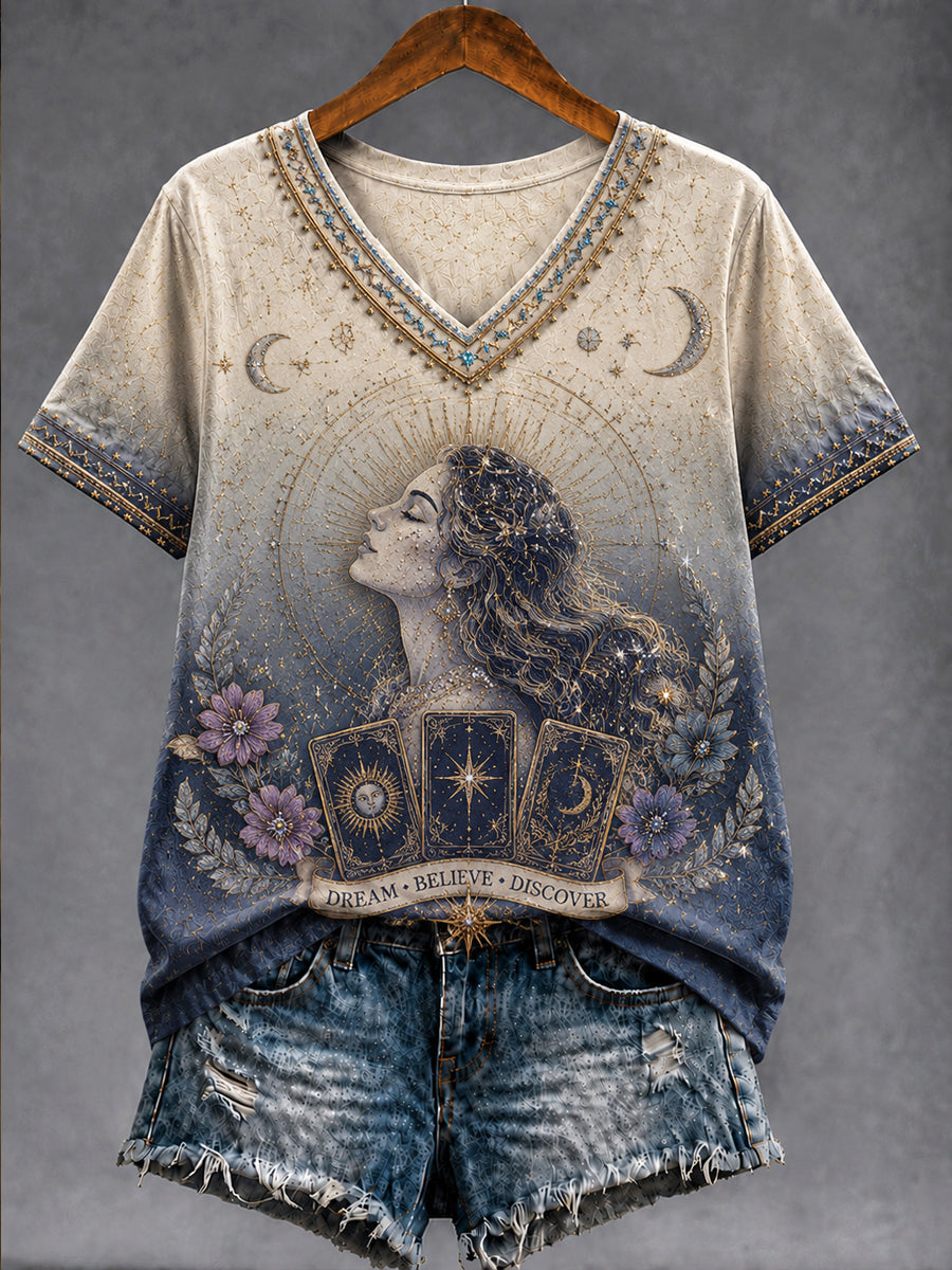 Gradiente Retro Astrologia Zodíaco Casual V-Neck T-shirt