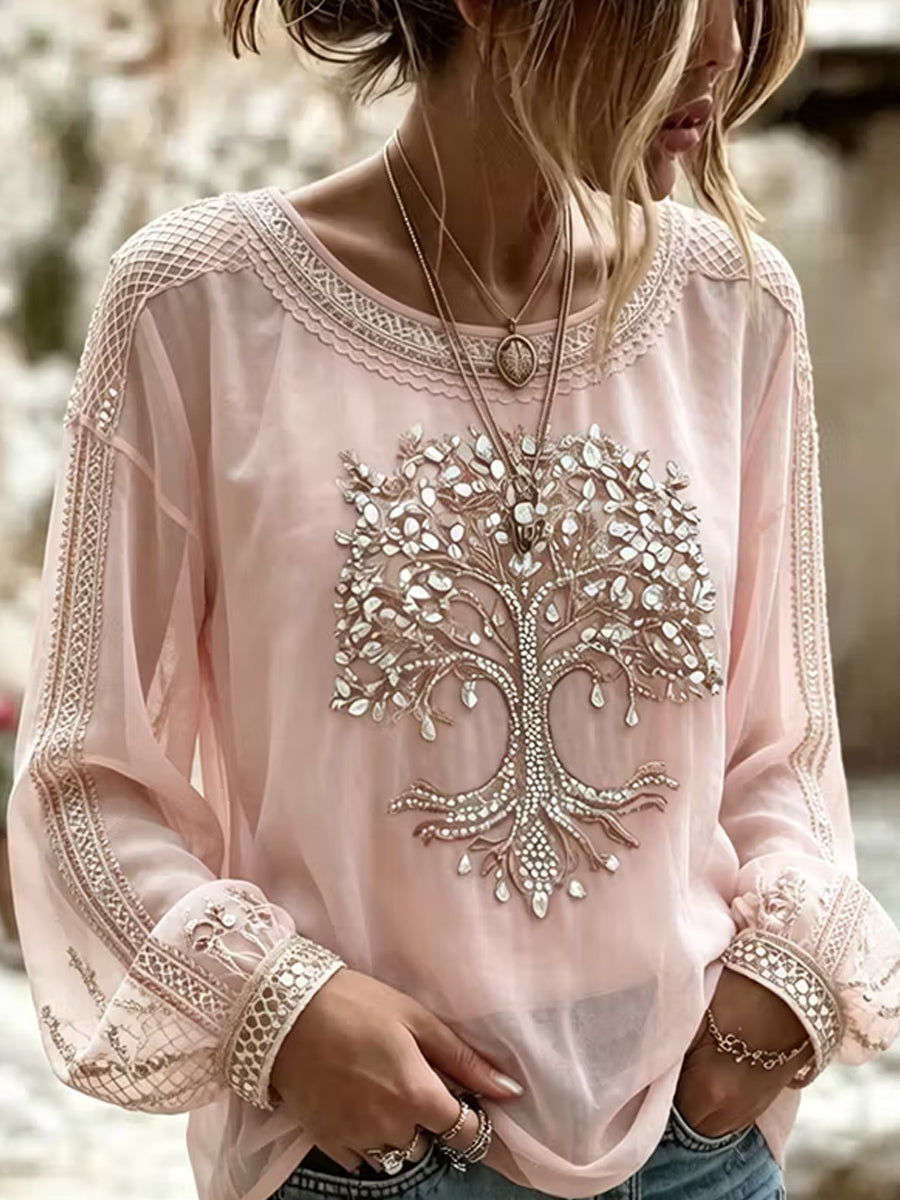 Blusa casual confortável de algodão e linho com estampa floral retrô feminina