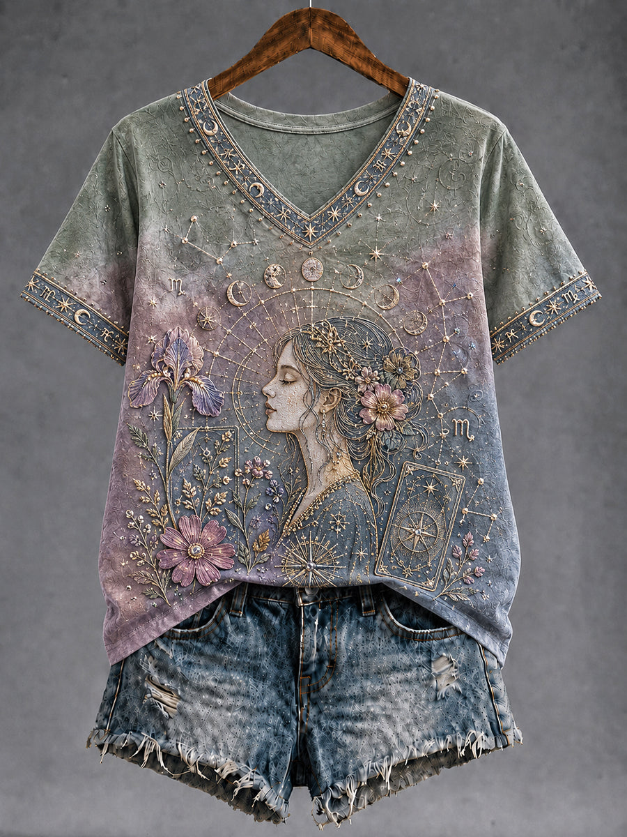 Retro Astrologia Zodíaco Cura Gradiente Casual V-Neck T-Shirt