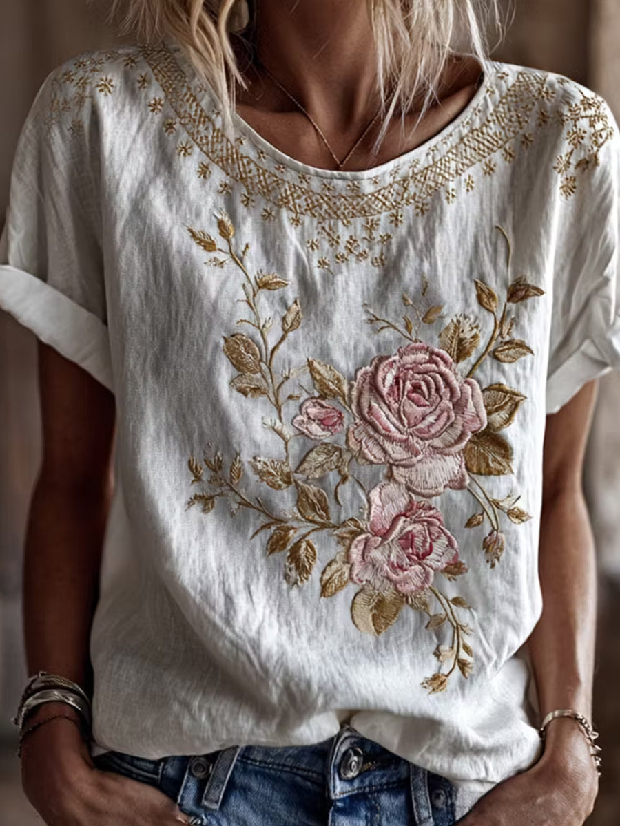 Blusa feminina casual de algodão e linho com estampa floral retrô