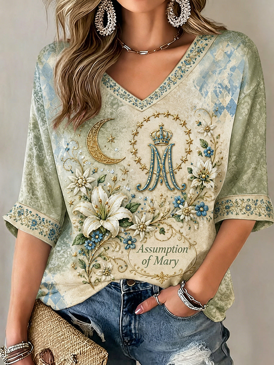 Camiseta feminina da Assunção de Maria, meia manga, gola em V