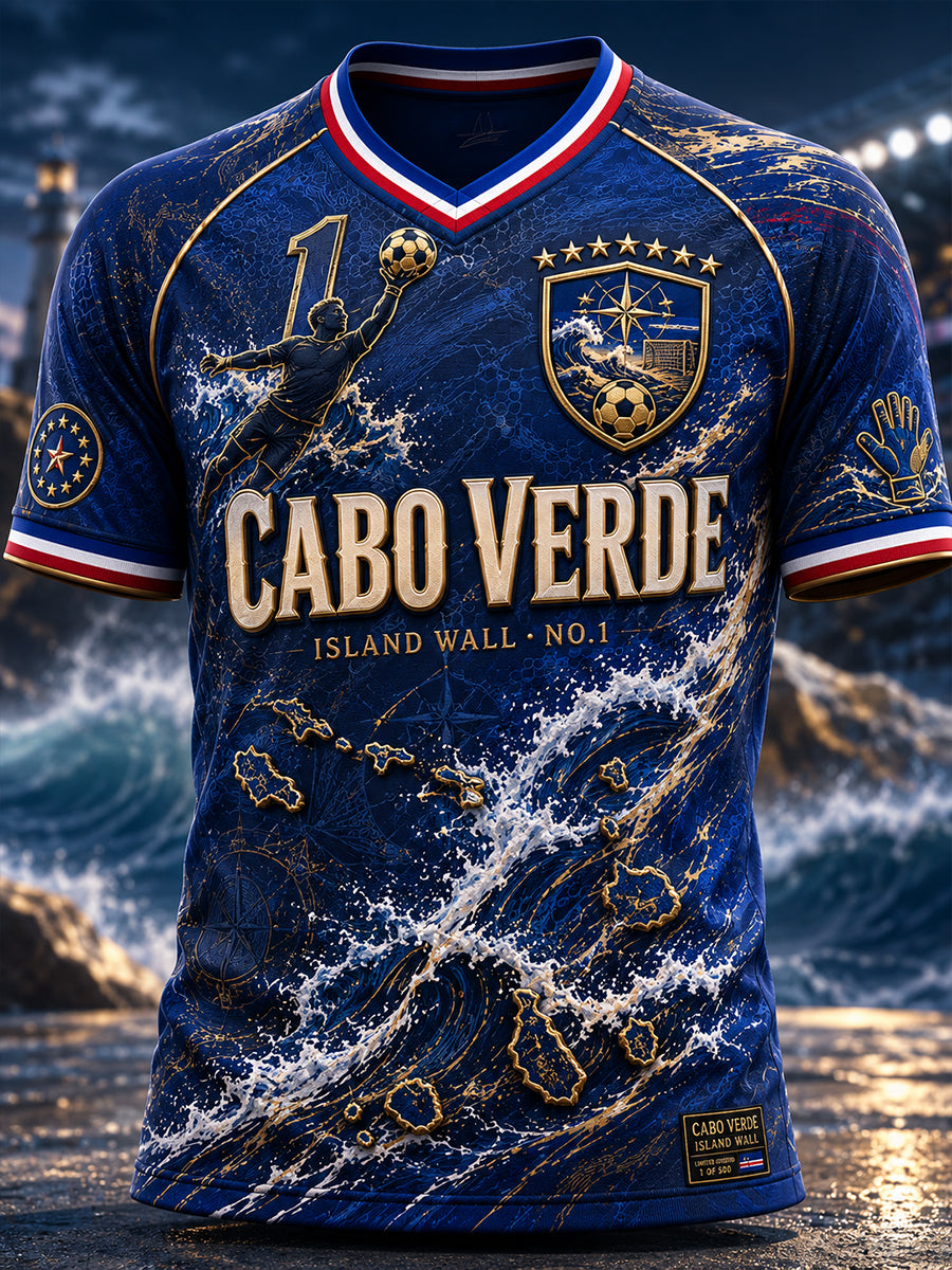 Camiseta masculina de futebol de Cabo Verde com gola em V