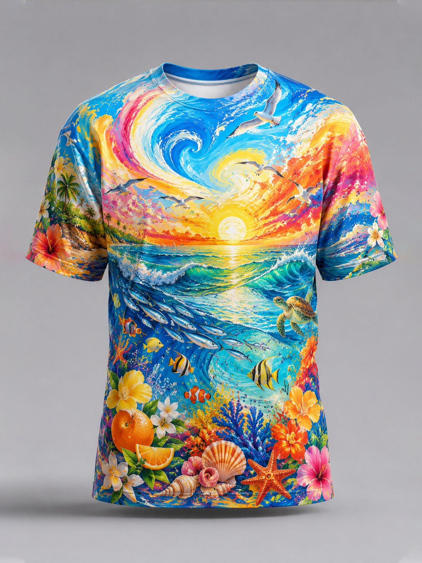 Camiseta masculina com estampa artística temática de férias na praia, em português