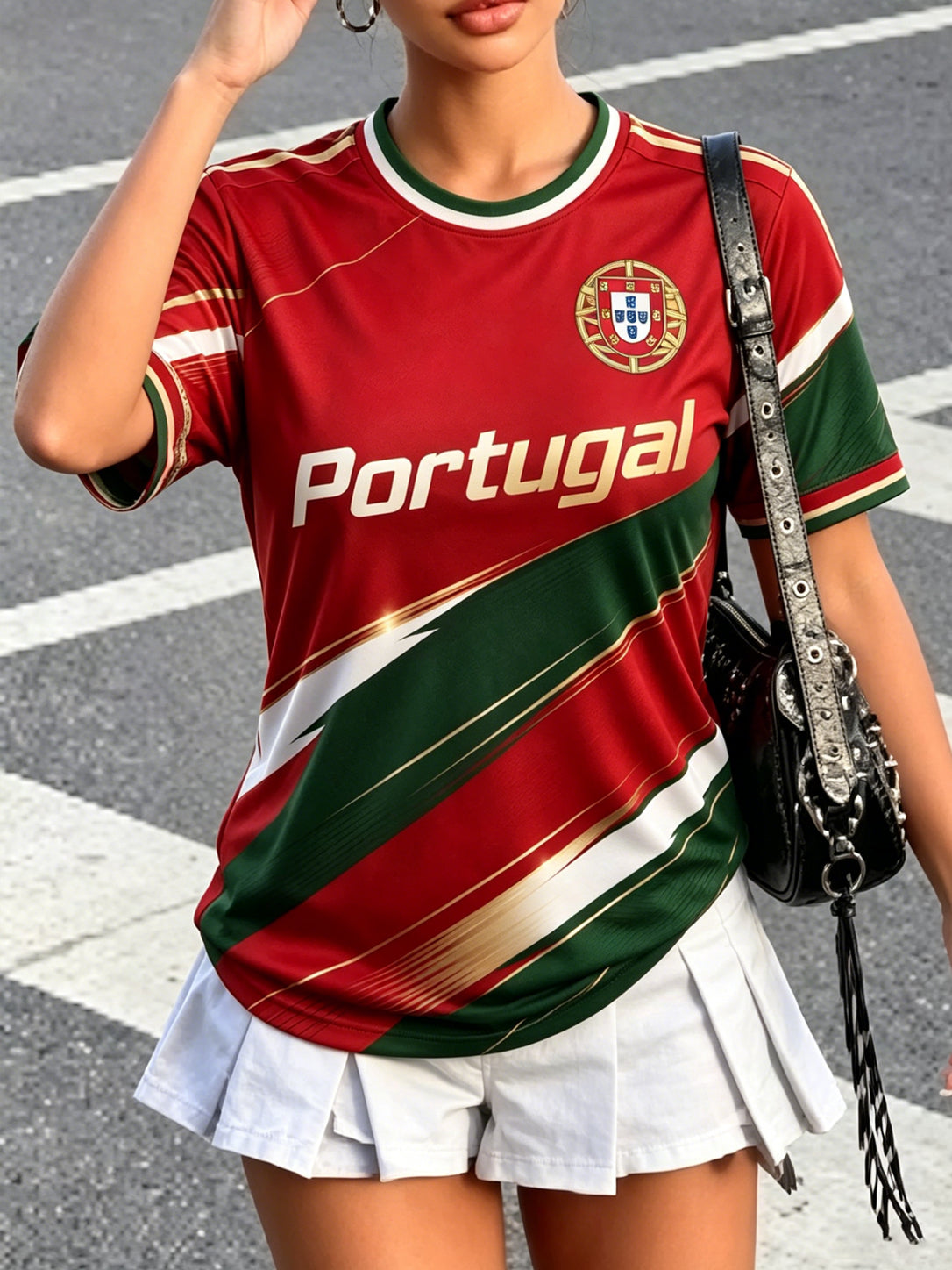 Camiseta com estampa artística de torcida em partida de futebol feminino de Portugal