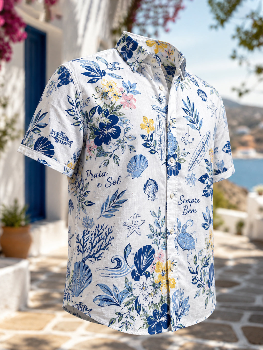 Men's Portuguese Beach Vacation-Inspired Art Print Casual Camisa de manga curta