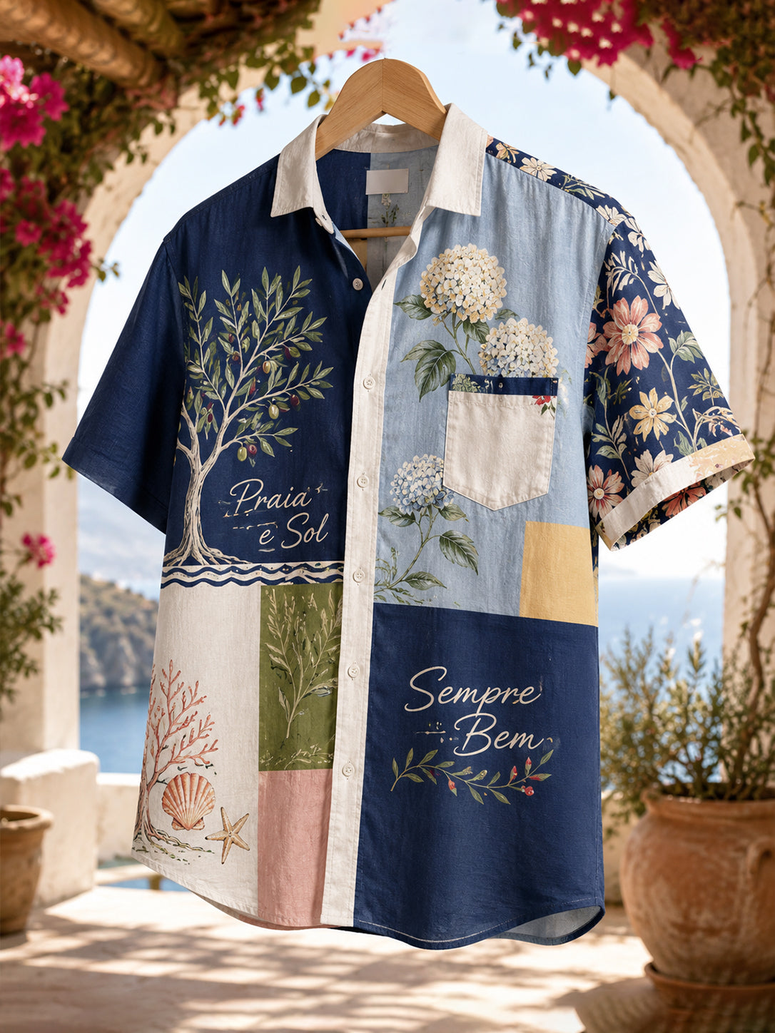 Camisa casual de manga curta com estampa artística inspirada nas férias na praia, em Portugal, para homens
