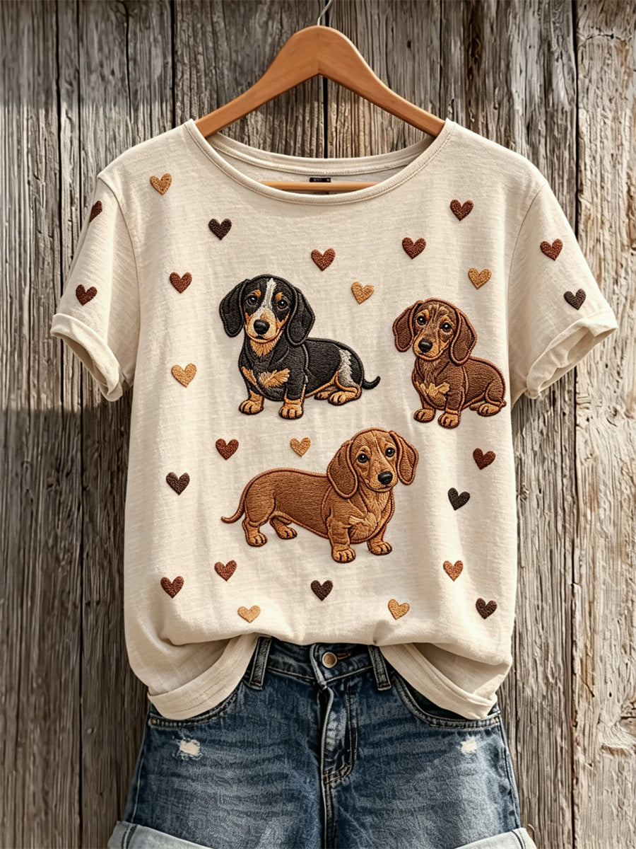 Adorável Dachshund cães corações padrão impressão t-shirt de manga curta feminino