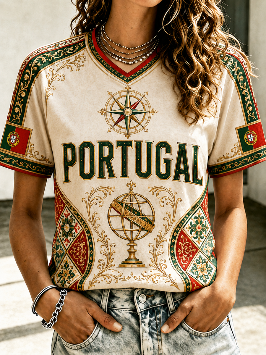 Camiseta feminina de mangas curtas estampada, Portugal