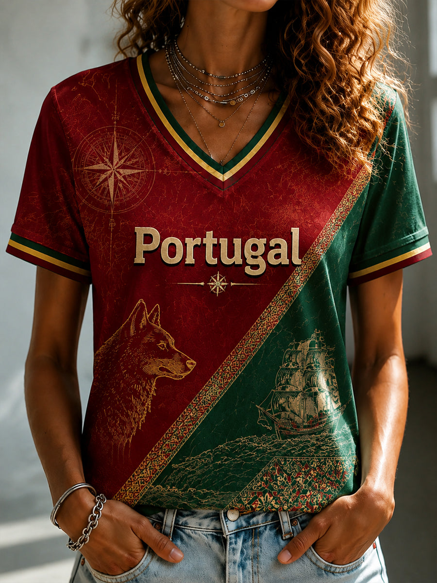Camiseta feminina em português com estampa e gola em V