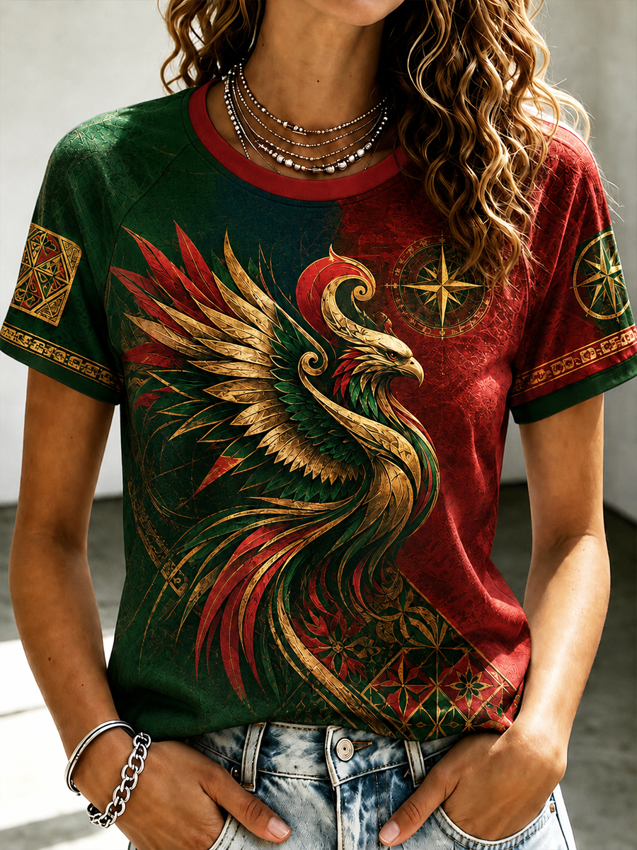Camiseta feminina de mangas curtas estampada, Portugal
