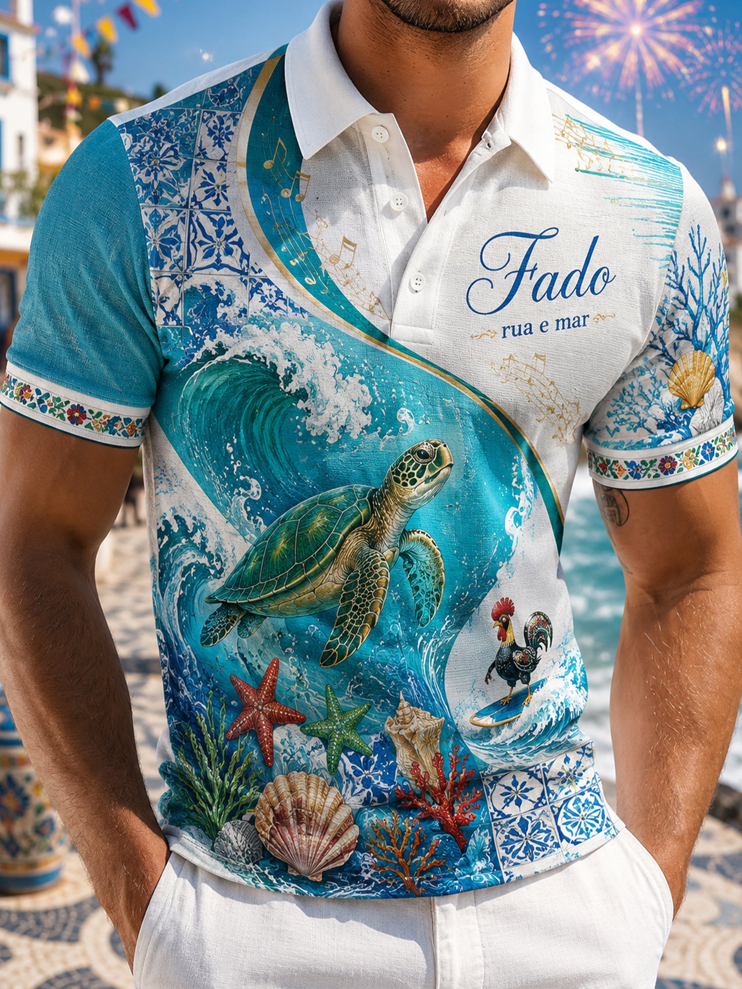 Polo com estampa artística de elemento cultural, estilo resort português para homens