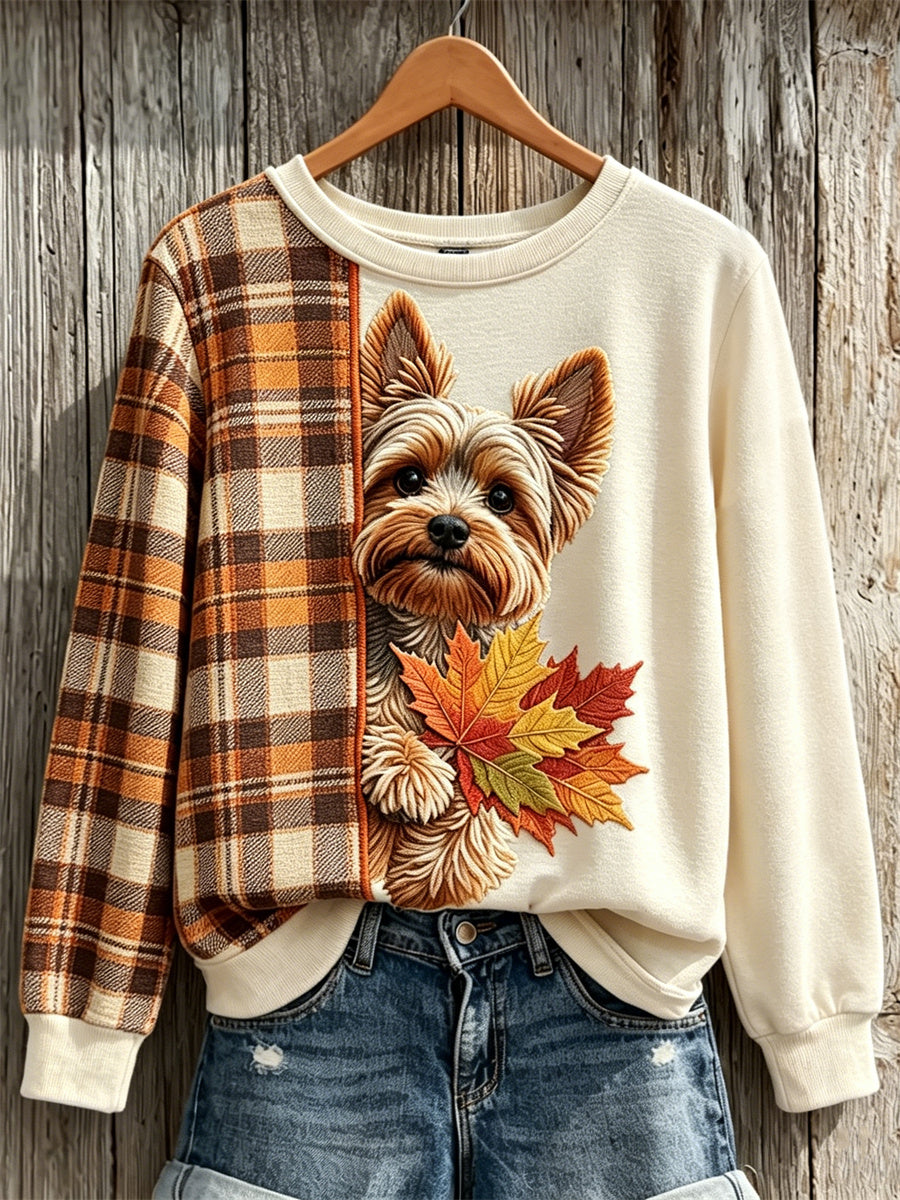 Cão do Yorkshire Terrier do mulheres espreitando com bordo folhas queda xadrez contraste impressão moletom
