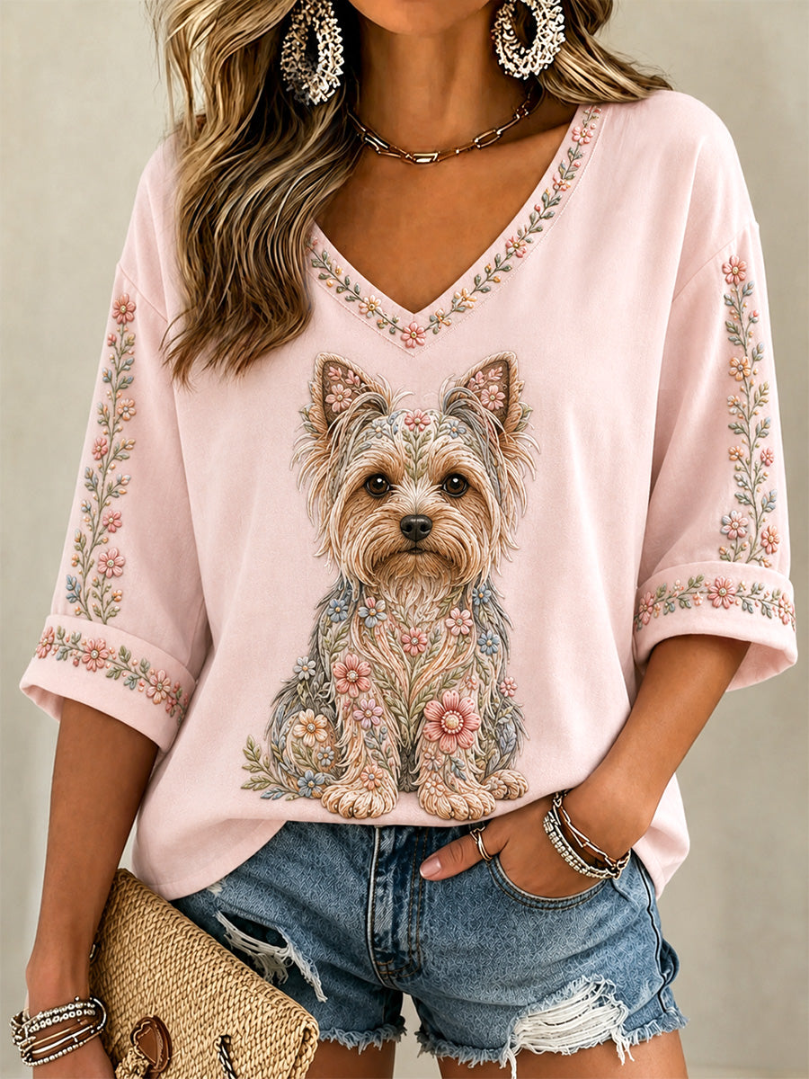 Cão Floral feminino Imprimir Casual V-Neck Tee