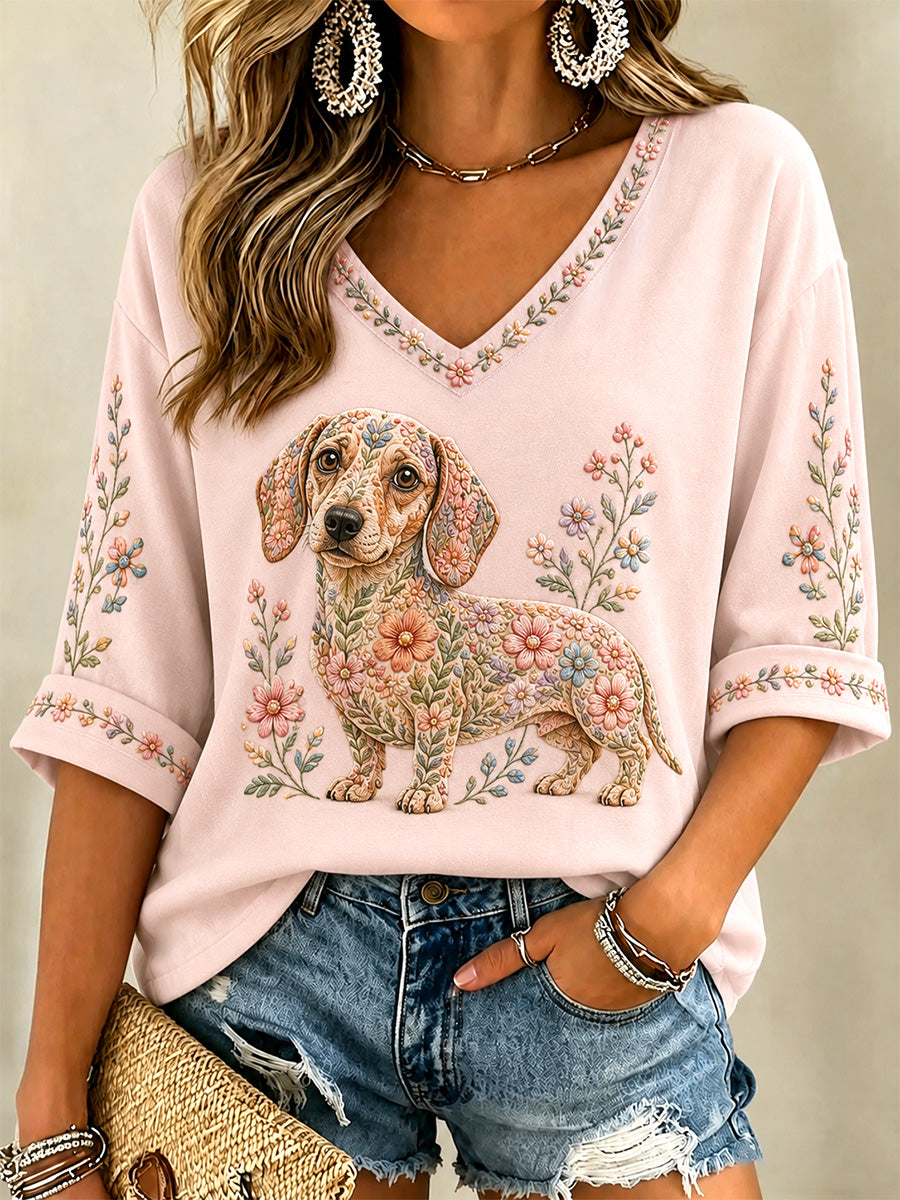Camiseta casual com estampa floral de cães e decote em V para mulheres