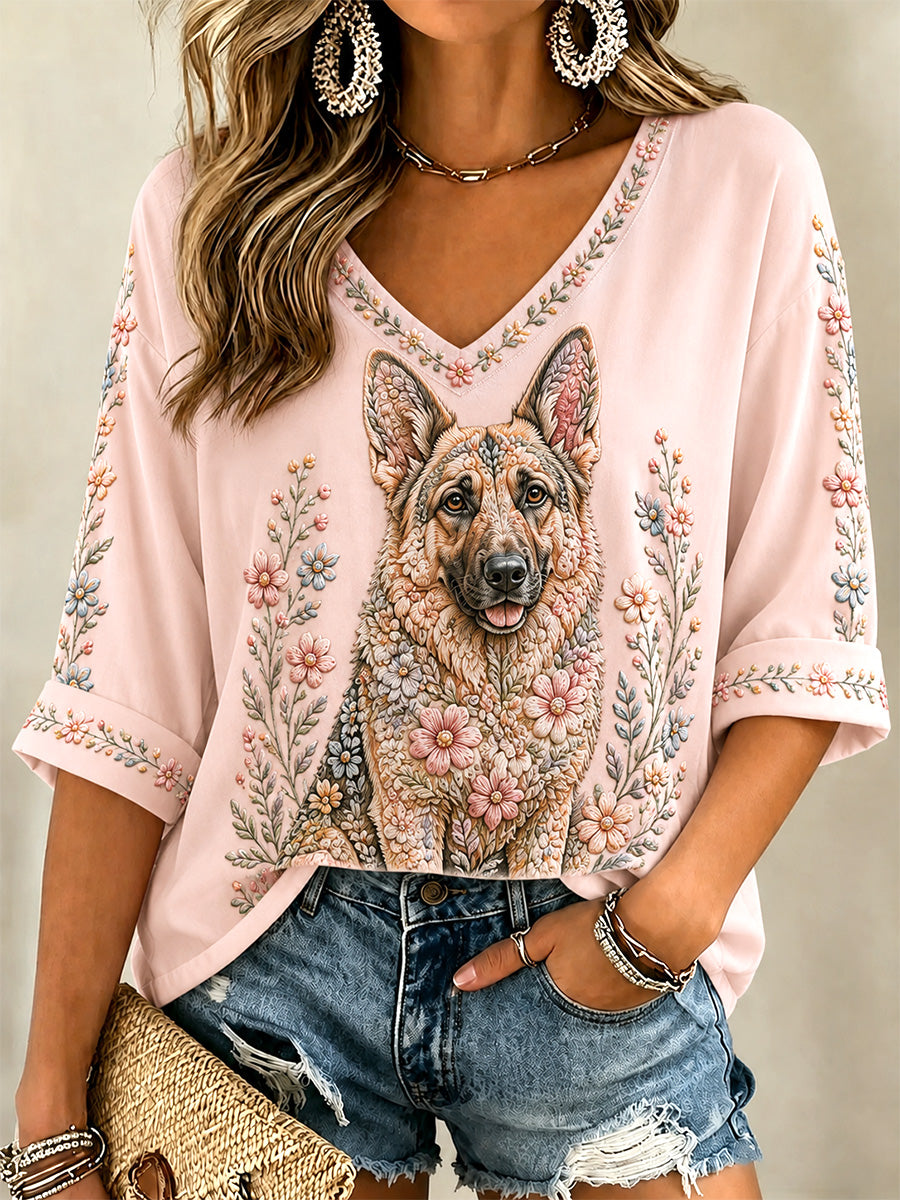 Camiseta casual com estampa floral de cães e decote em V para mulheres