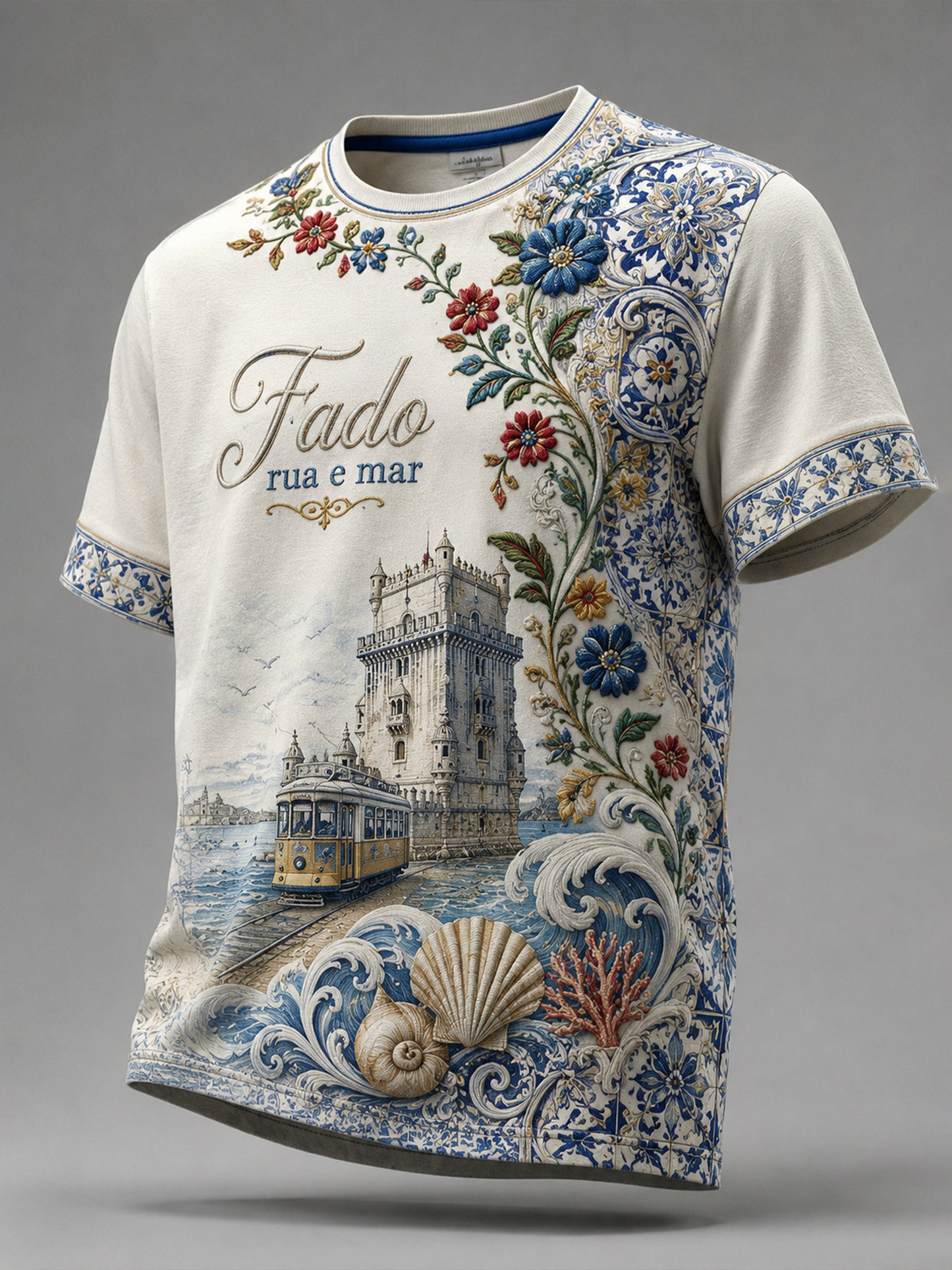 Camiseta com estampa artística de estilo português para resorts, com elementos culturais, masculina