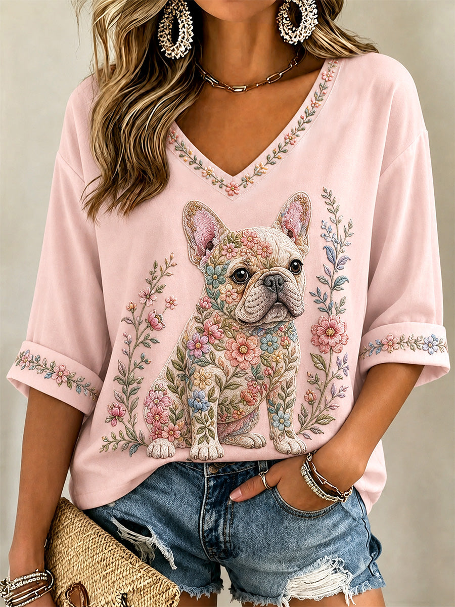 Camiseta casual com estampa floral de cães e decote em V para mulheres