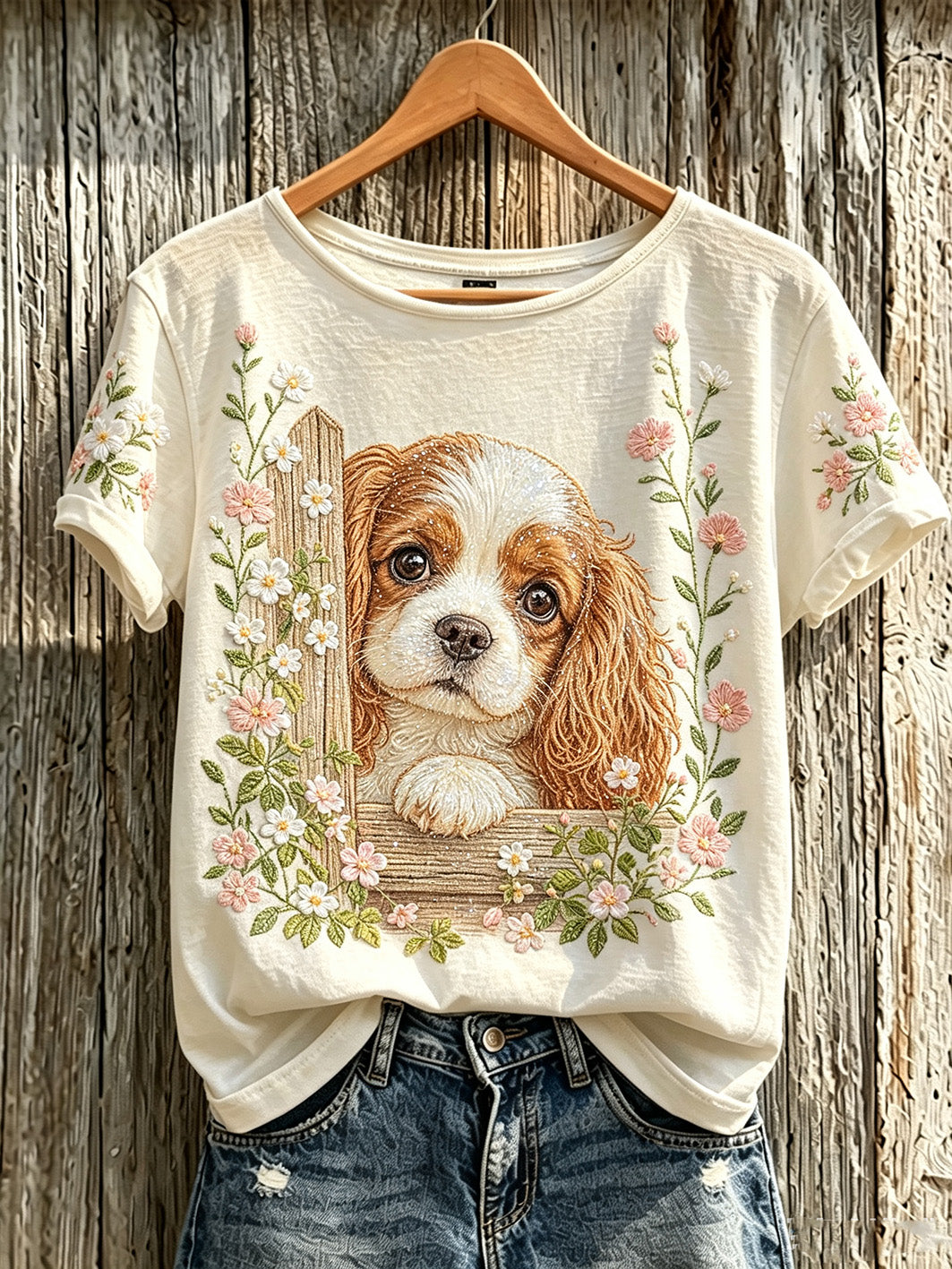Camiseta casual de manga curta com estampa fofa de cachorro e flores para mulheres