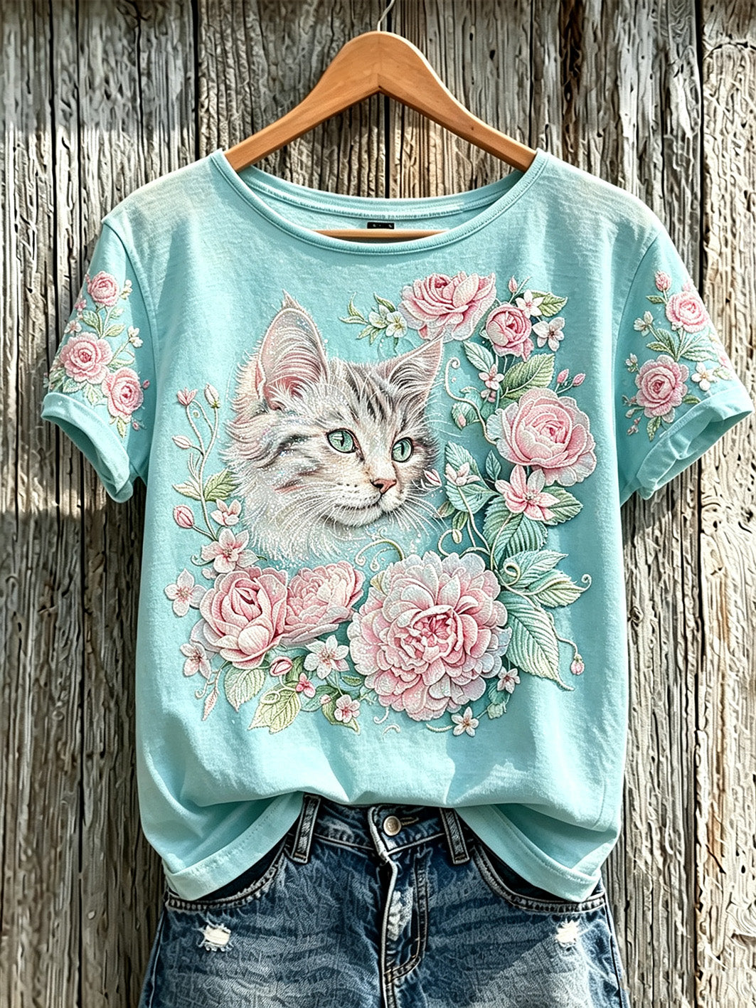 Camiseta casual de manga curta estampada com um fofo padrão de gato e flores vegetais para mulheres