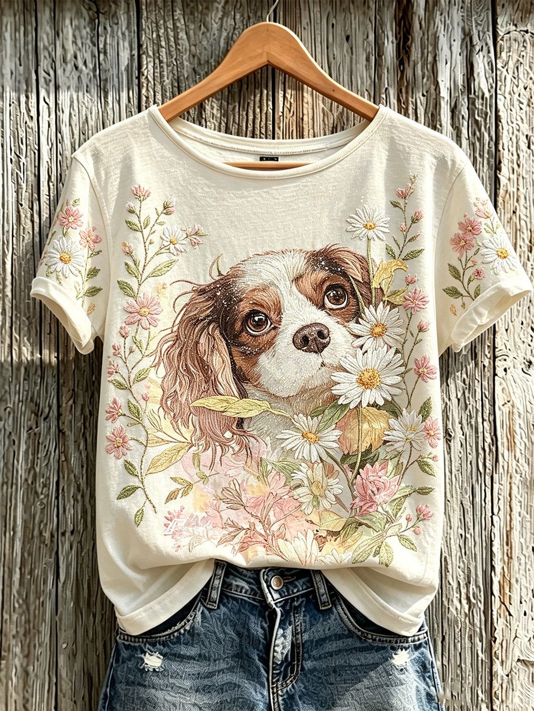 Cão bonito e planta flor padrão feminino impresso casual t-shirt de manga curta