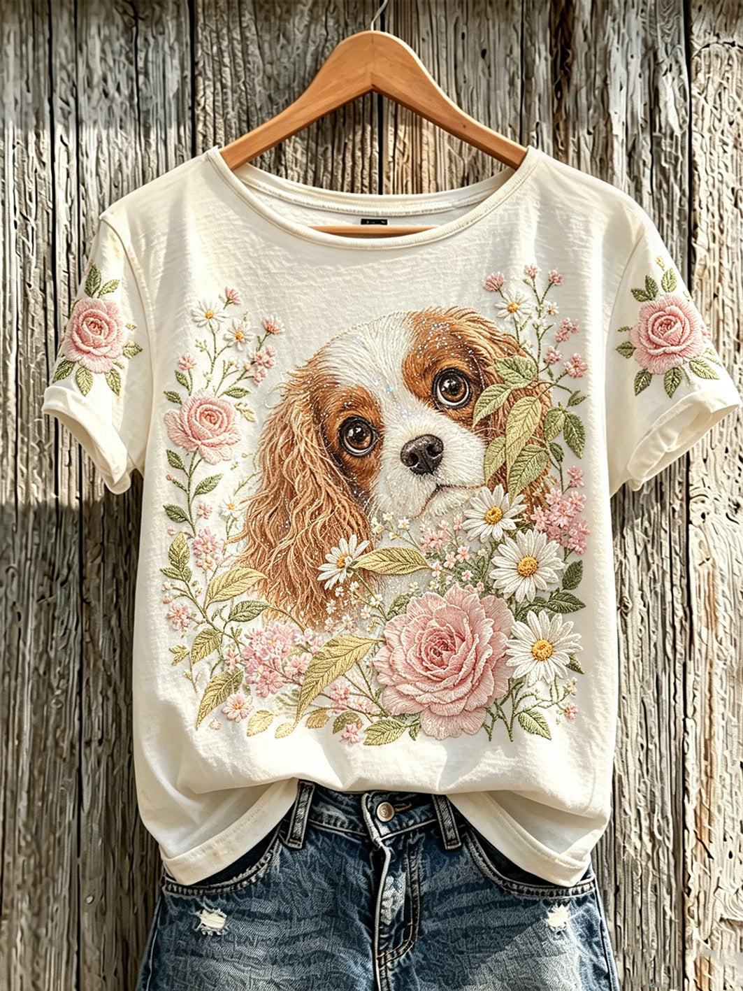 Camiseta casual de manga curta com estampa fofa de cachorro e flores para mulheres