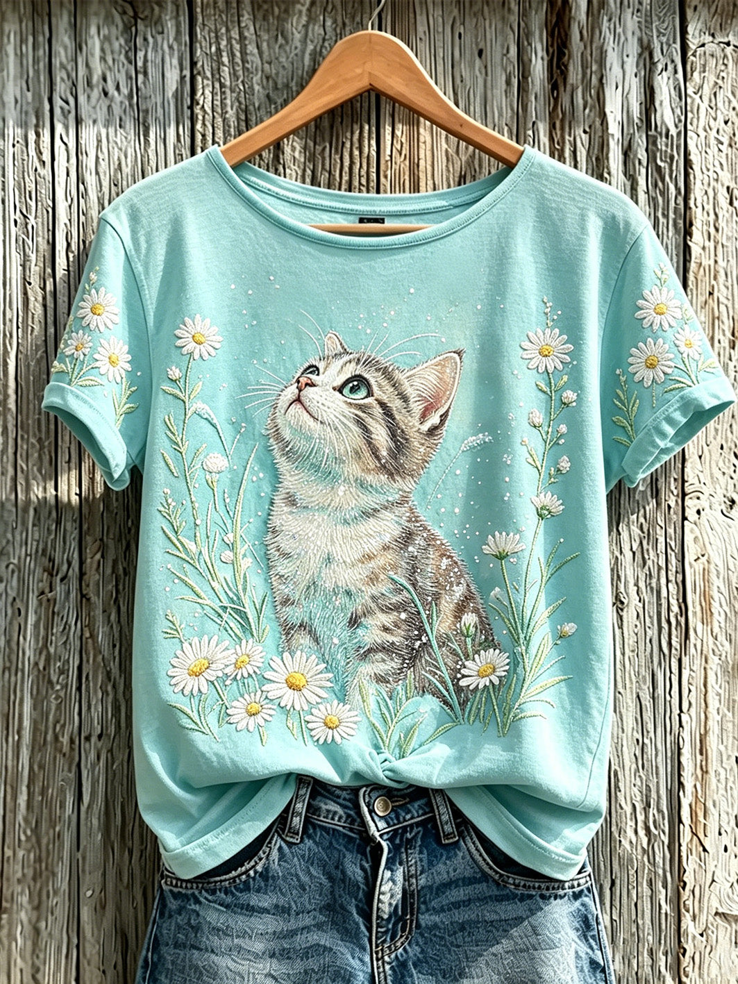 Camiseta casual de manga curta estampada com um fofo padrão de gato e flores vegetais para mulheres