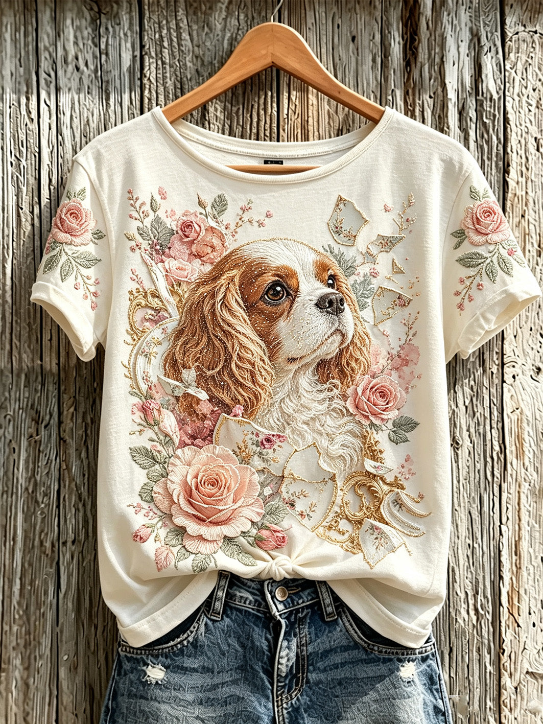 Camiseta casual de manga curta com estampa fofa de cachorro e flores para mulheres