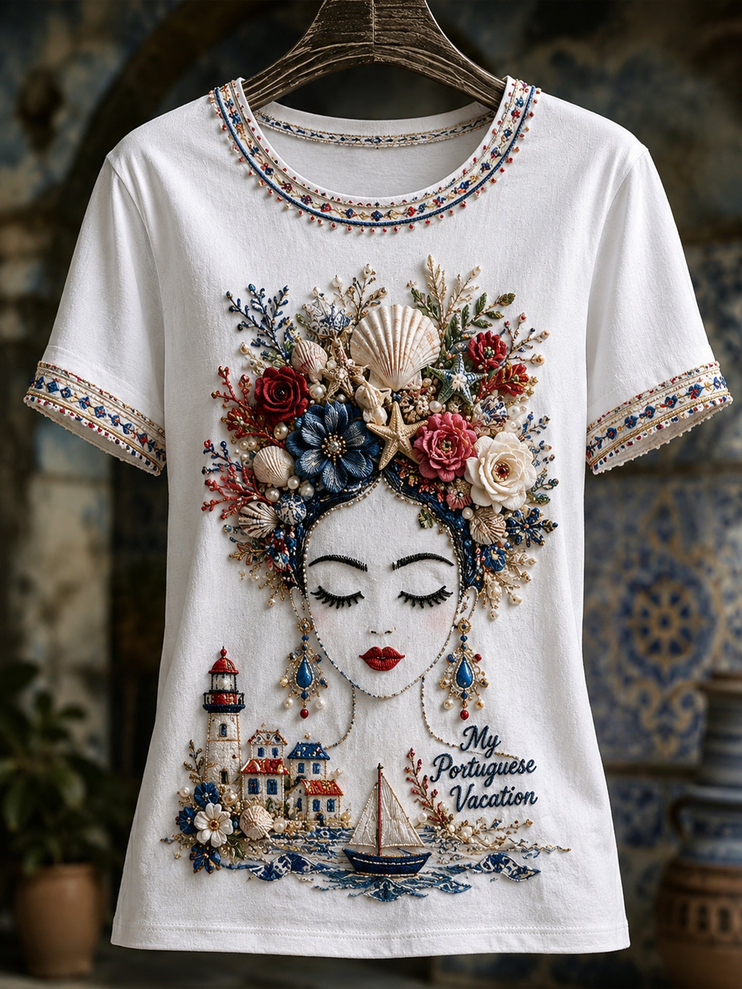 Mulheres Português Estilo Resort Elemento Cultural T-Shirt Art Print
