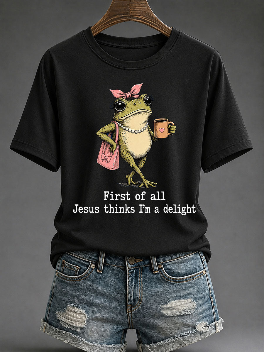 Camiseta casual estampada feminina com a frase “Jesus Acha que Sou Um Encanto”