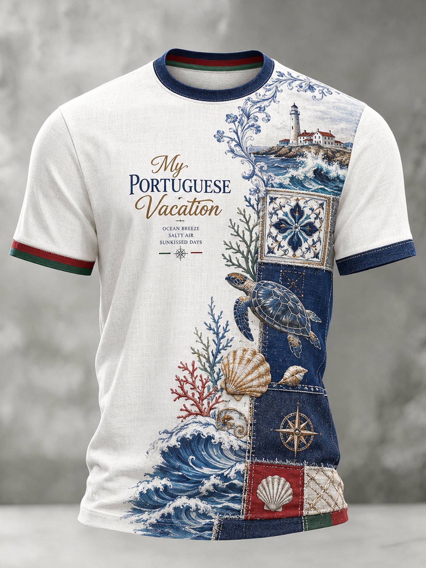 Camiseta com estampa artística de estilo português para resorts, com elementos culturais, masculina