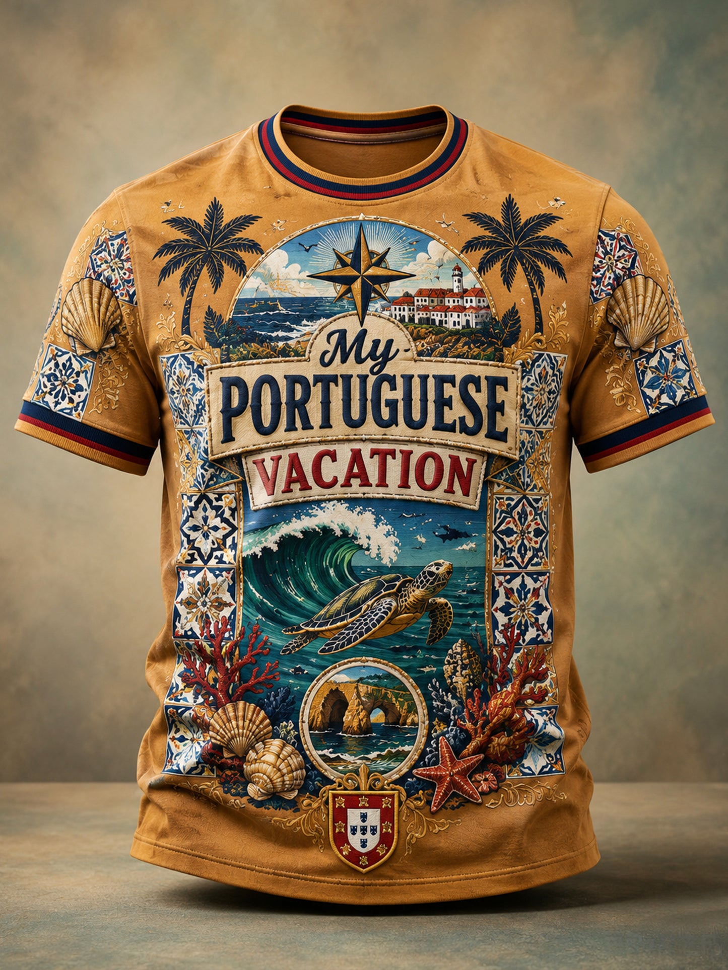 Camiseta com estampa artística de estilo português para resorts, com elementos culturais, masculina