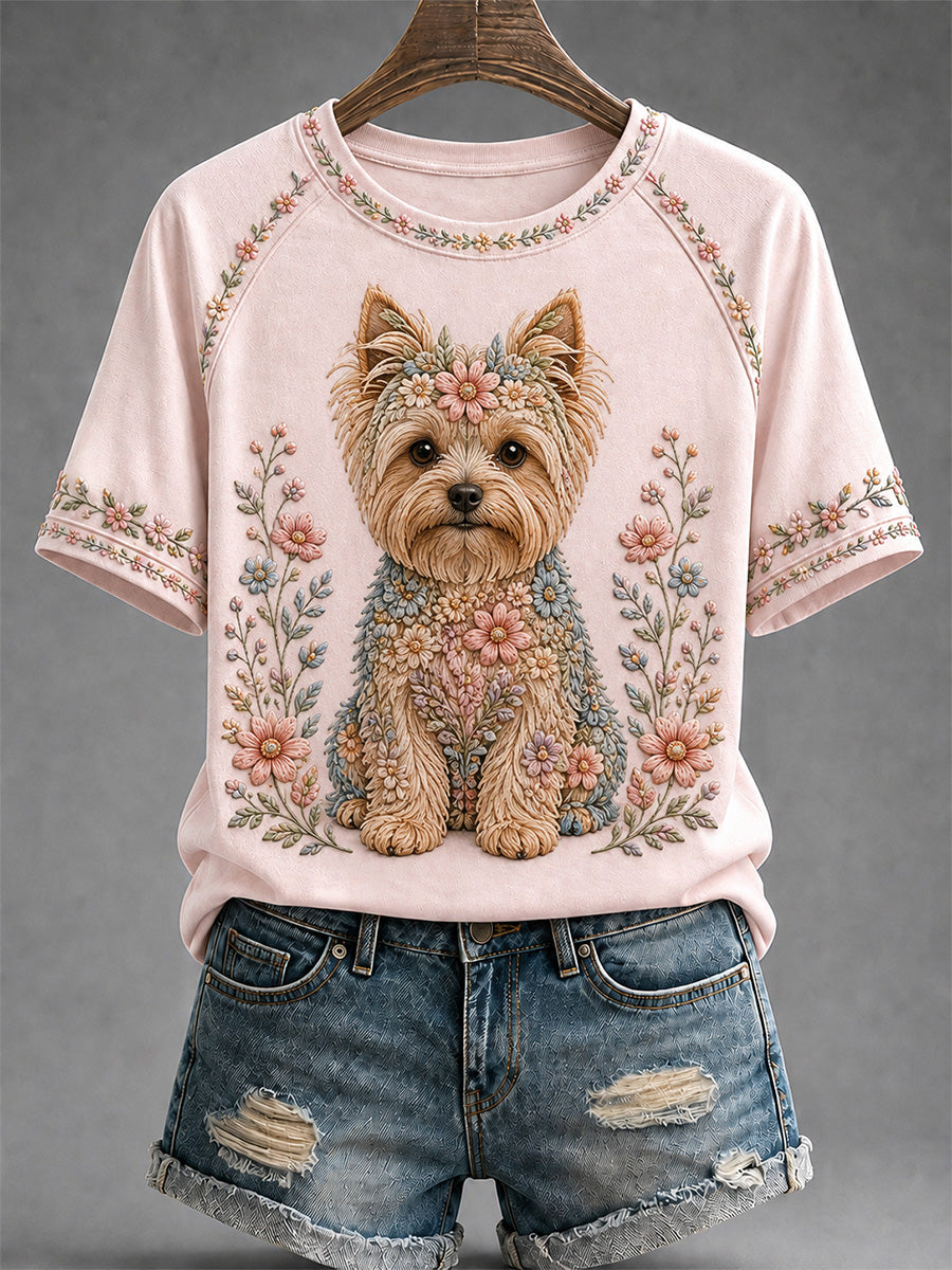 Camiseta casual feminina com estampa floral de cães