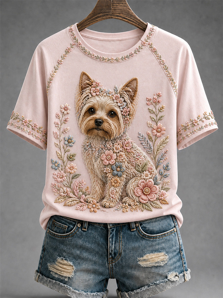 Cão Floral das mulheres imprimir Tee Casual