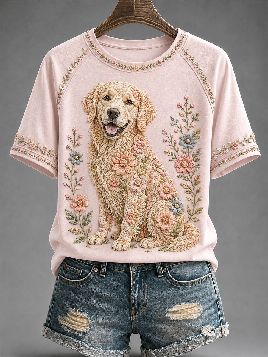 Camiseta casual feminina com estampa floral de cães