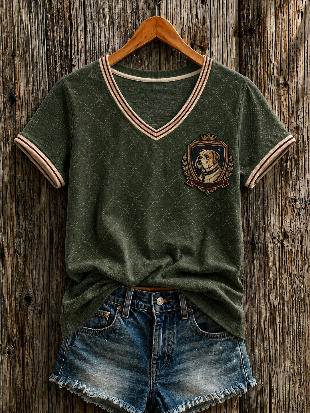 Camiseta feminina com estampa de cachorro de quadrinho britânico e gola em V