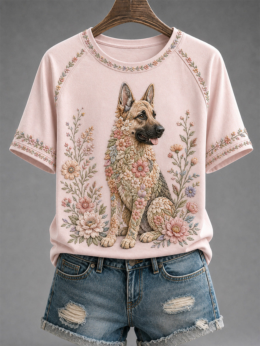 Camiseta casual feminina com estampa floral de cães
