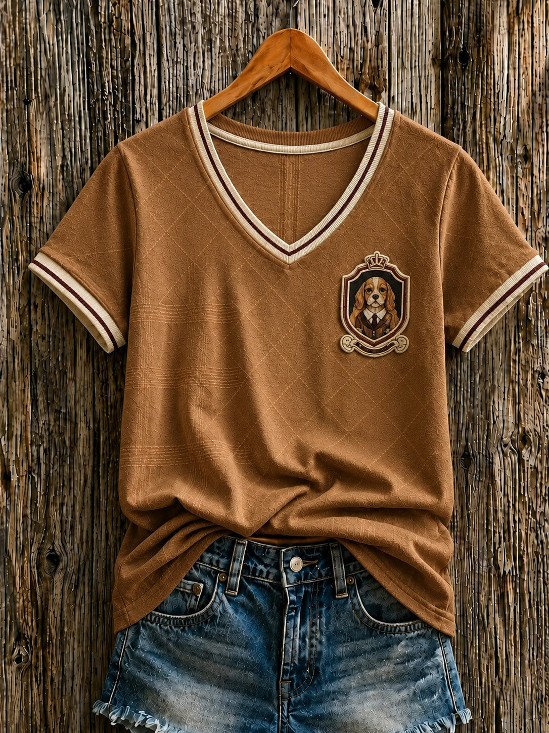 Camiseta feminina com estampa de cachorro de quadrinho britânico e gola em V