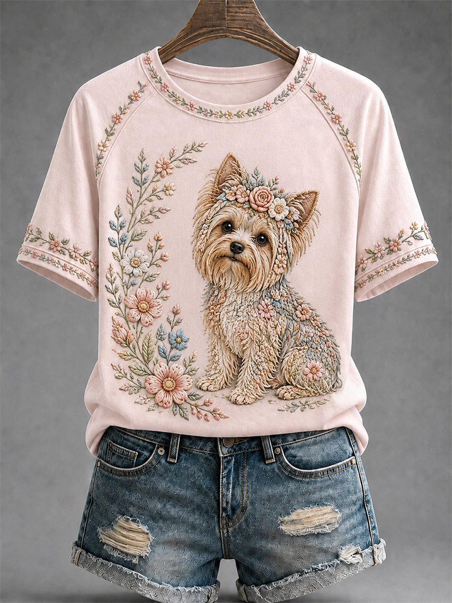 Camiseta casual feminina com estampa floral de cães