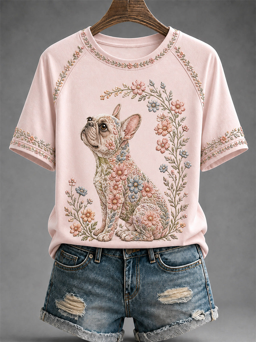 Camiseta casual feminina com estampa floral de cães