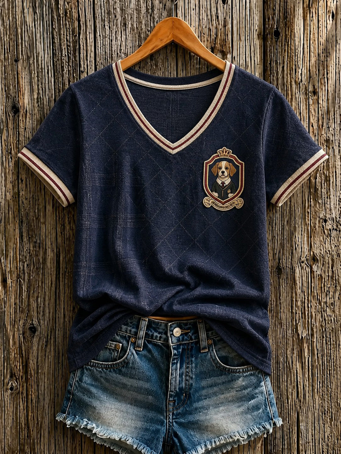Camiseta feminina com estampa de cachorro de quadrinho britânico e gola em V