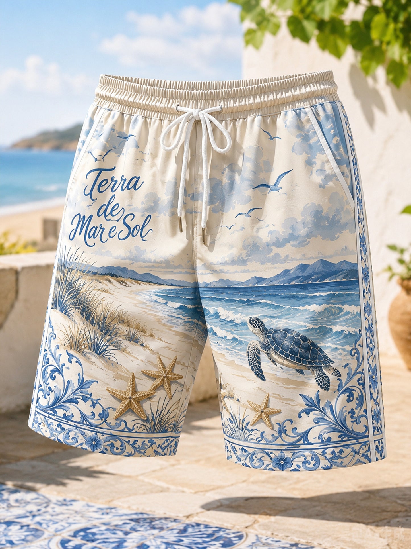 Shorts casuais estampados com arte em estilo resort português para homens