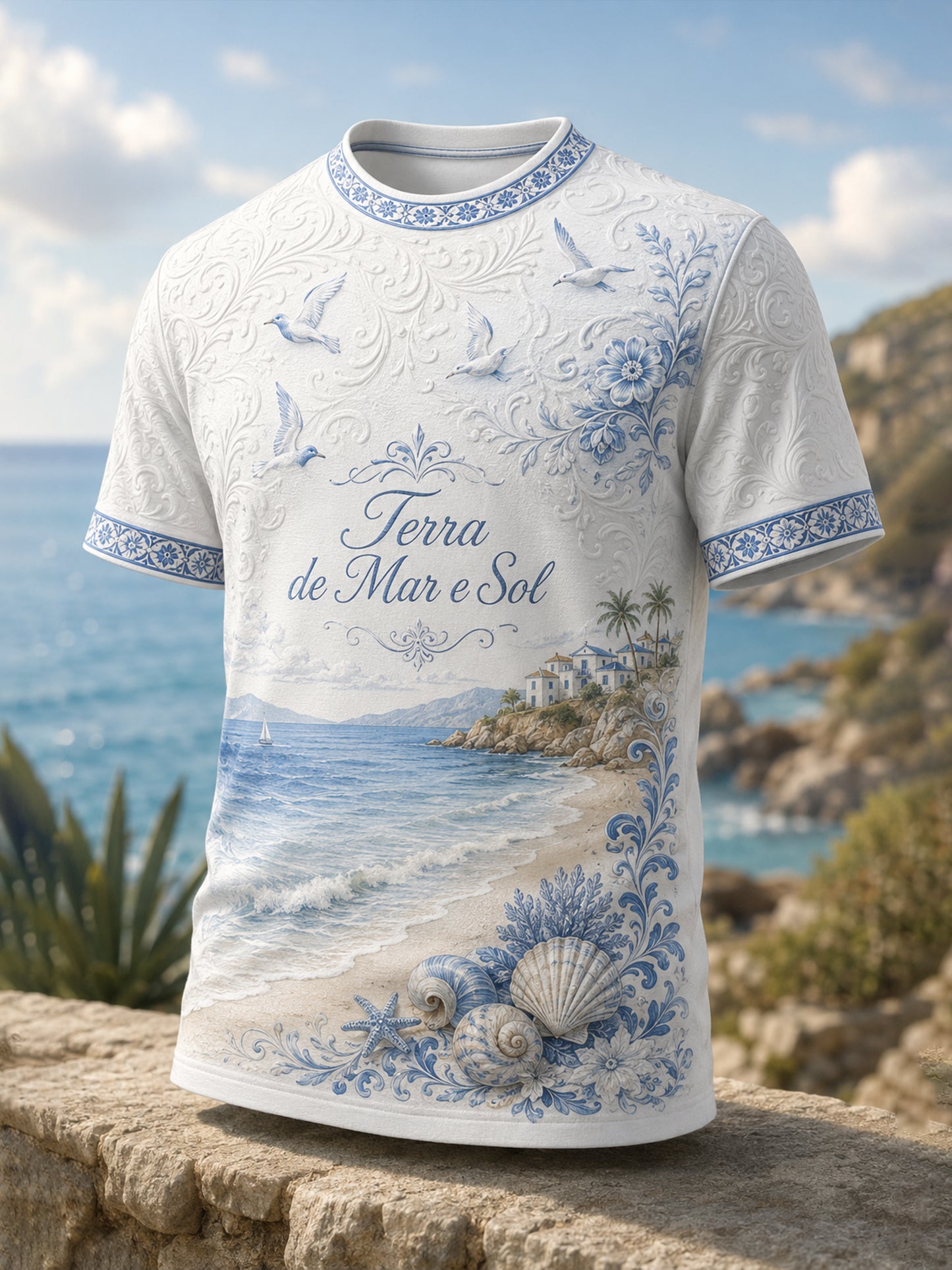 Camiseta casual masculina com estampa artística em estilo resort português