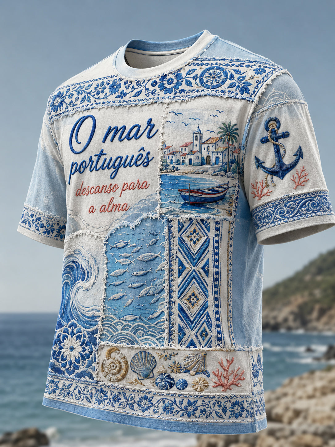 Camiseta masculina com estampa artística, estilo resort português de verão