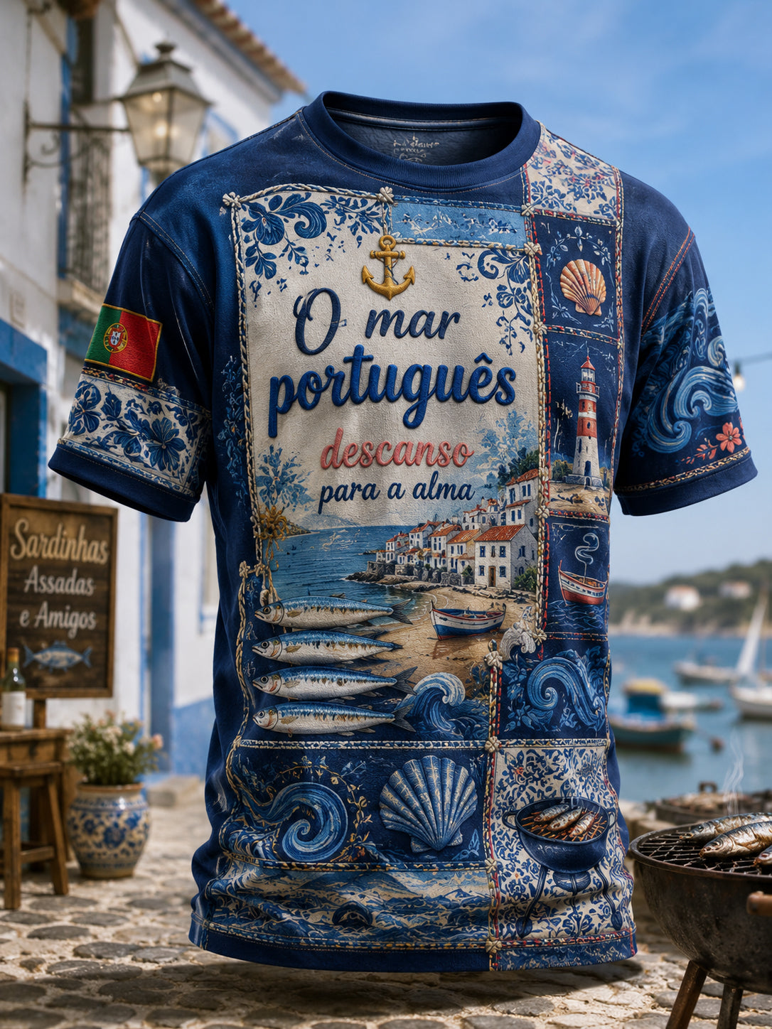 Camiseta masculina com estampa artística, estilo resort português de verão