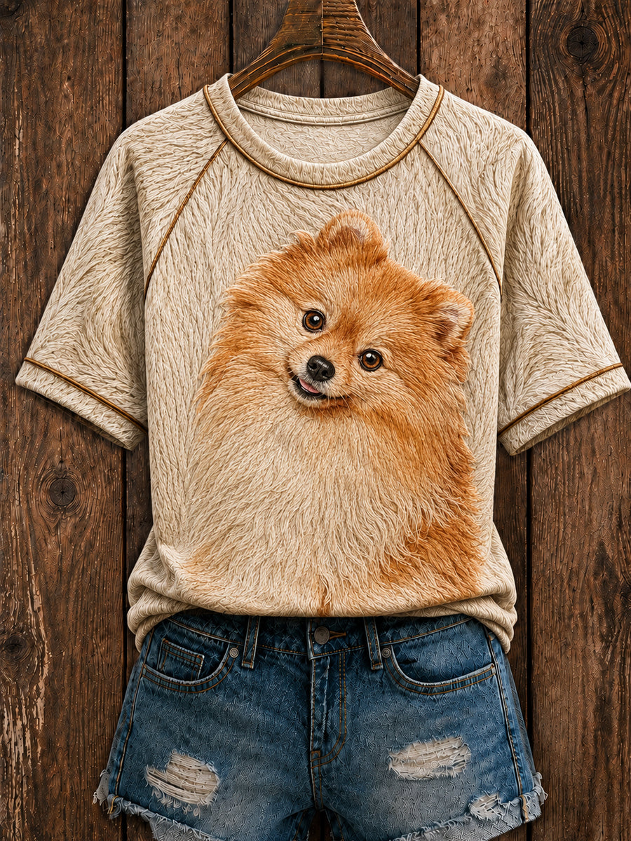 Arte Pomeranian bonito feminino redondo pescoço t-shirt de manga curta