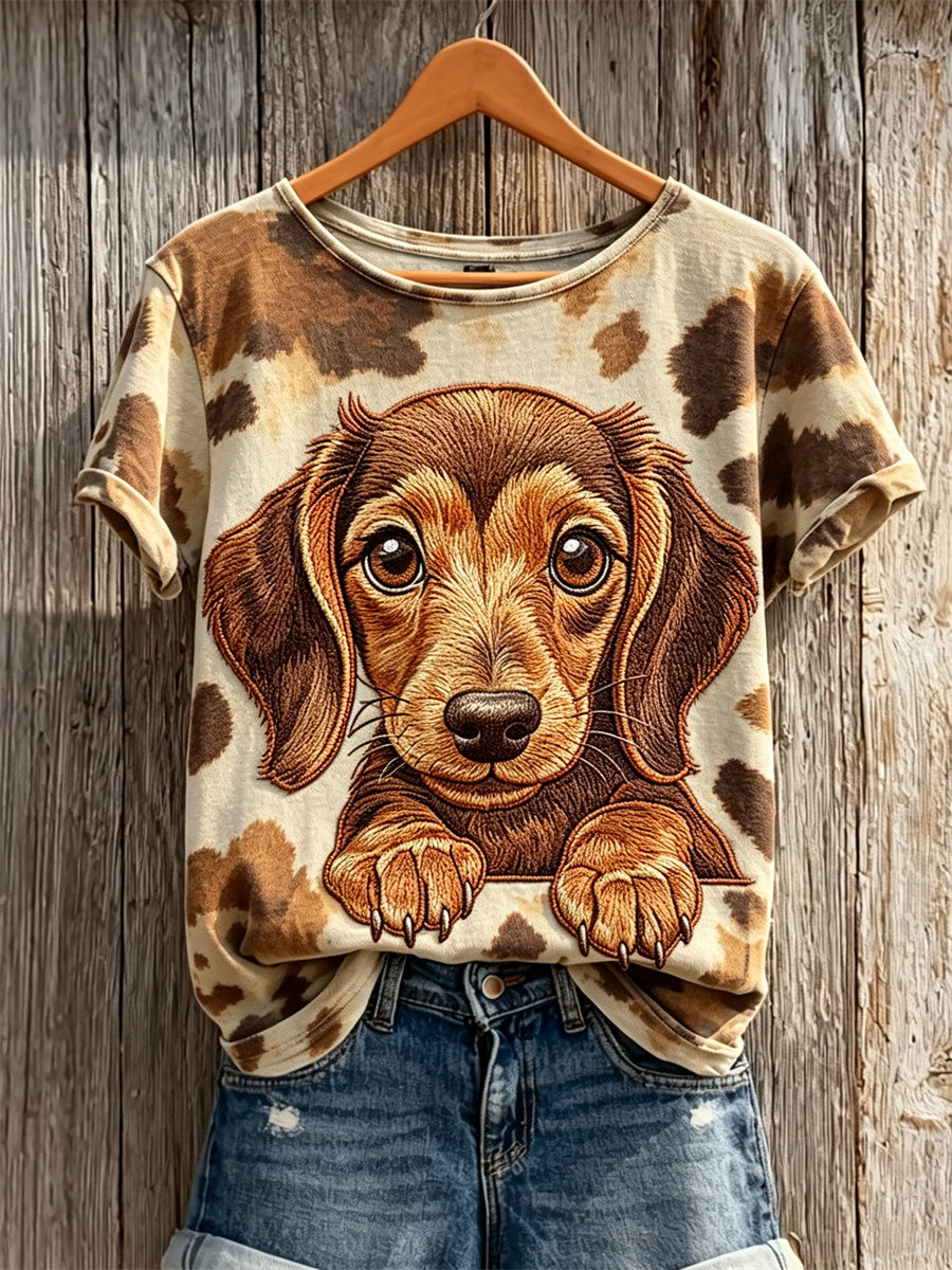 Dachshund cão & cão casaco padrão impressão t-shirt de manga curta do mulheres
